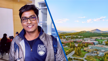 Photo of Manish Kumar set beside an image of the UBC Okanagan campus